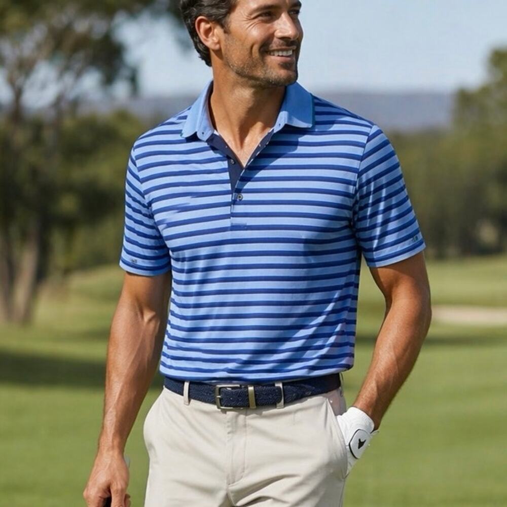 Greyson Striped Short Sleeve Collared Neck Polo Shirt Blue Men's Size Large